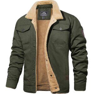 Mens Green AI Winter Sherpa Lined Jacket Warm Trucker Coat Multi Pocket